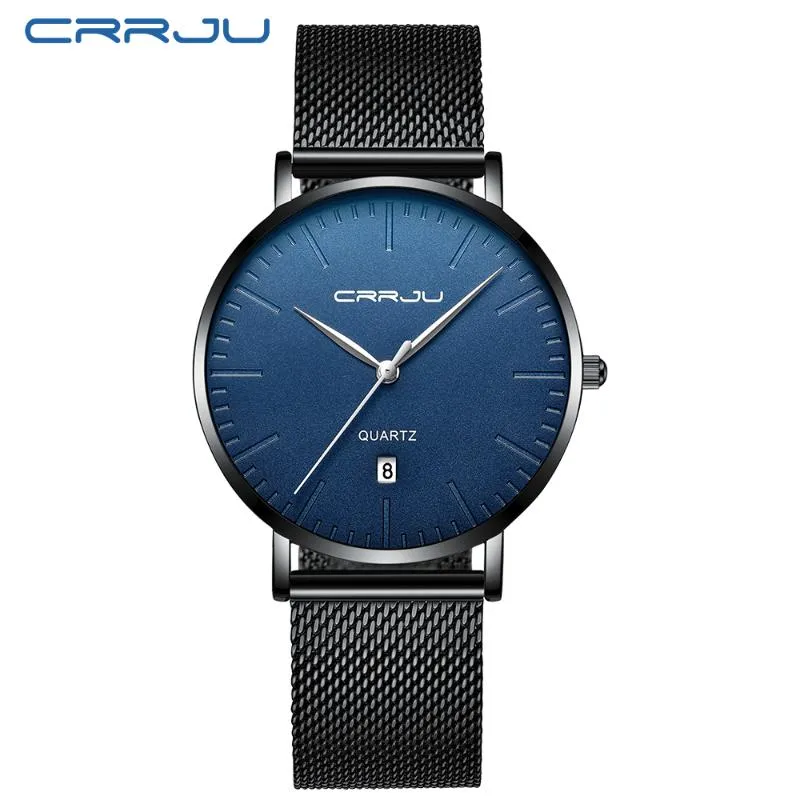 Модные мужские минималистские часы Crrju Ultra Thin Black Black Stainless Steel Band Band Watch Men Business Analog Analog Quartz Clock190x