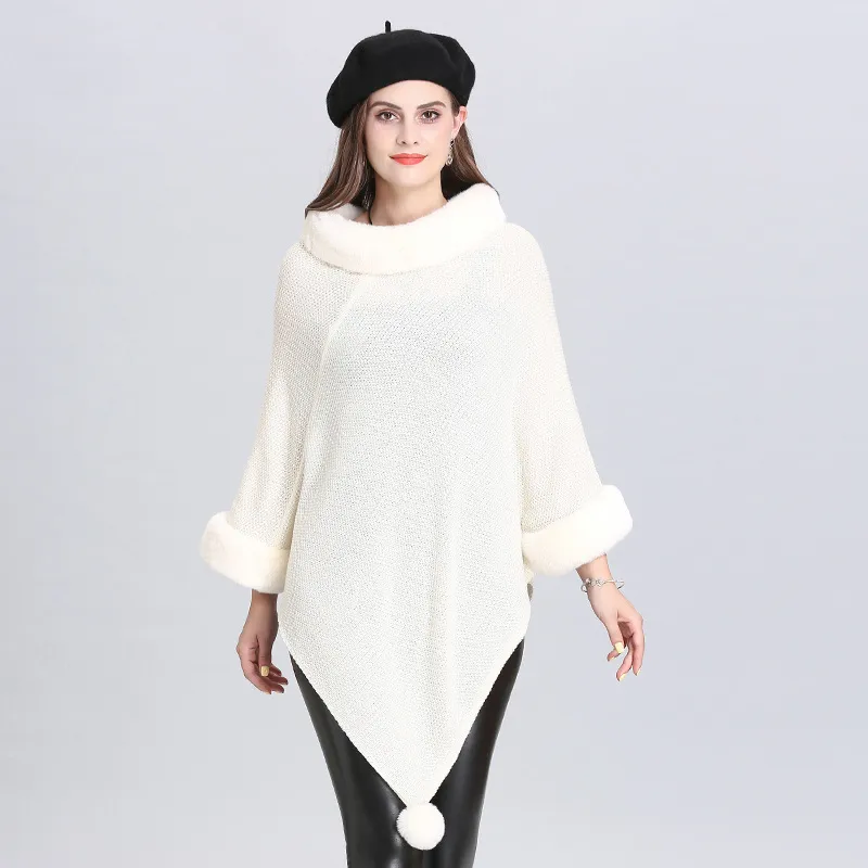 New Autumn Winter Women's Knitted Ponchos Faux Fur Collar Pullovers Cape Sweater Poncho C4934