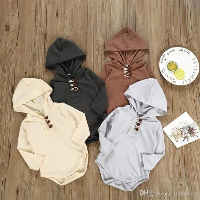 Pojkar Hooded Jumpsuits Baby Rompers Solid Långärmad Bodie Triangel Casual Onesies Button Overall Boutique Climb Kläder AYP6284