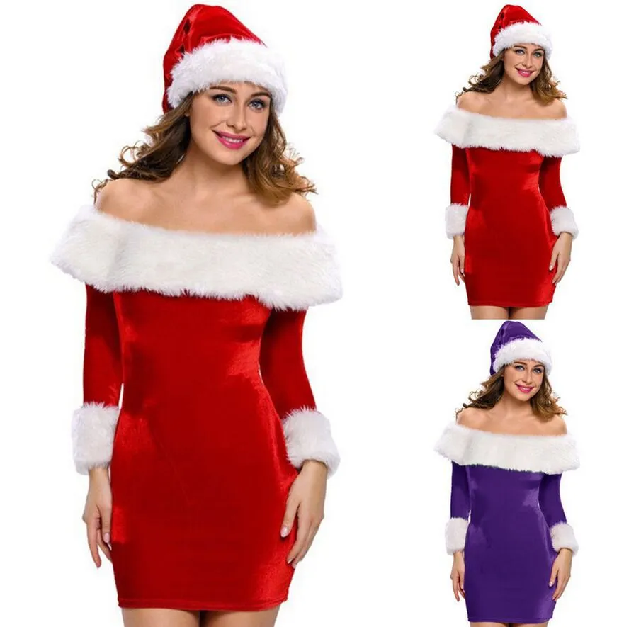 Red Christmas Costume Santa Sweetie Adult Women Velvet Off-shoulder Long Sleeve Bodycon Mini Dress With White Furzzy Trim (Without Hat)