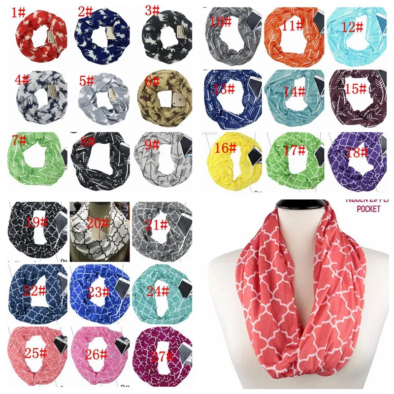 Women Infinity Scarves With Zipper Pocket Lightweight Arrow Star Elk Print Ring Scarves Storage Loop Scarf Xmas Gift KKA6341