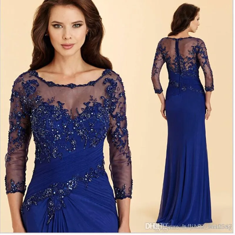 2019 Nieuwe Vintage Royal Blue Avondjurken Hoge Kwaliteit Applique Chiffon Prom Party Dress Formele evenementenjurk Moeder van de Bruid Jurk 261