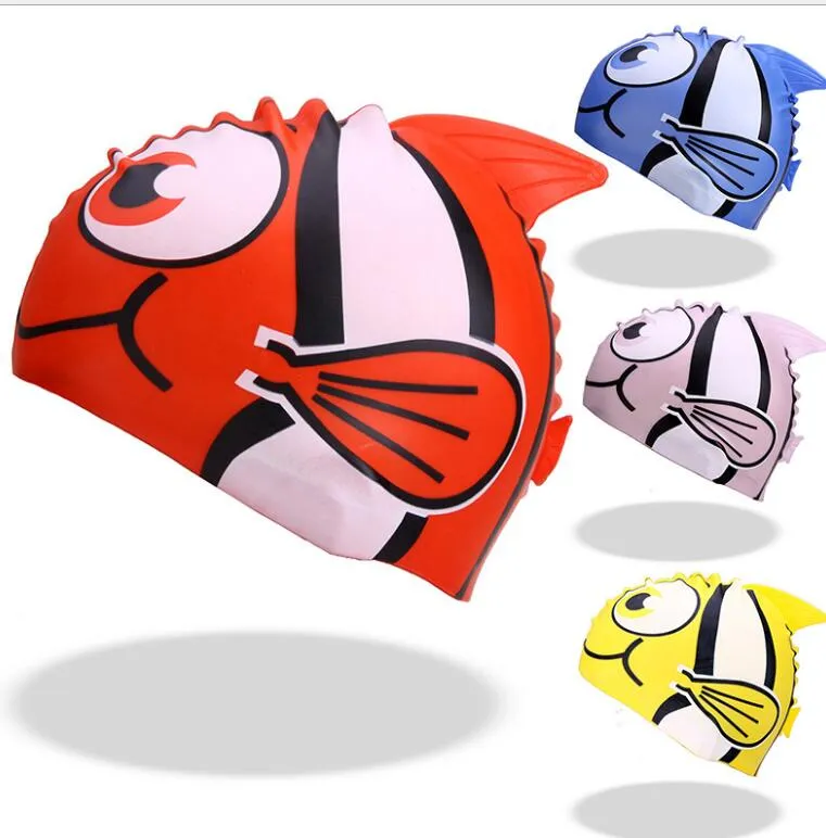 Söt Kids Silicone Swim Cap Swimming Pool Tecknad Fisk Katt Kepsar Vattentät Kids Öron Skydd Gummi Hat Roliga Boys Girls Shark Animal Kepsar