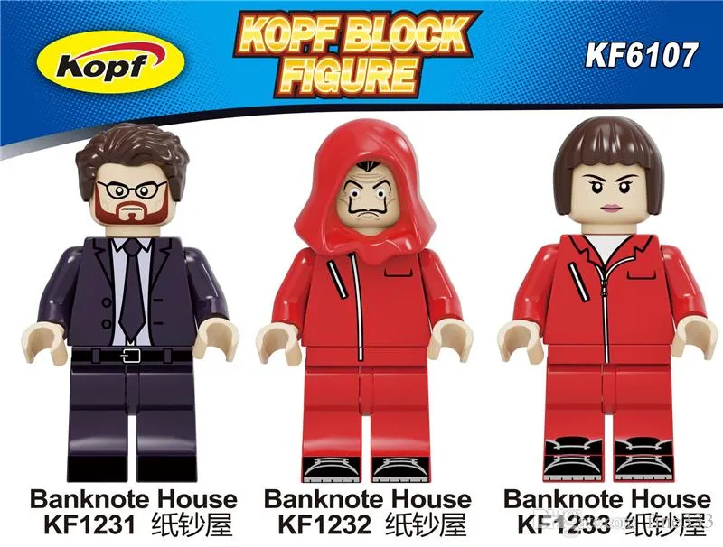 La casa de papel Block Figuren Spielzeug Bausteine Suspense Film Banknote Haus Geld Heist Killer John Docht Figuren Für Kinder Spielzeug Lea