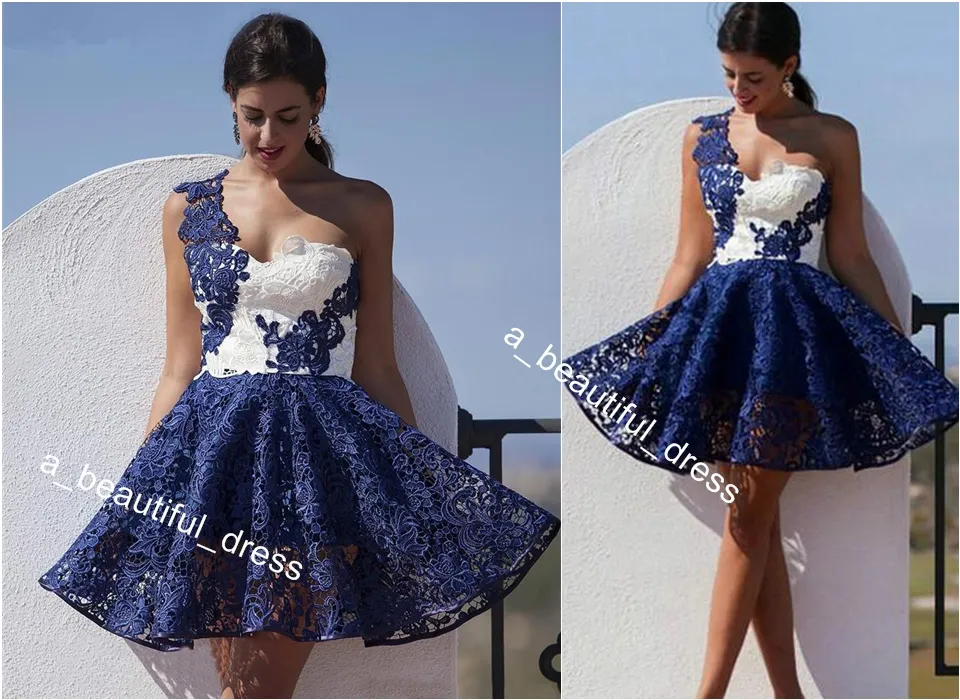 Robe de Cocktail courte bleu marine et blanc de haute qualité une épaule en dentelle femmes portent des robes de soirée robes de bal de fête