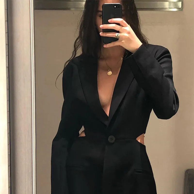 2019 herbst Büro Dame Tiefem V-ausschnitt Kerb Blazer Sexy Taille Cut Aushöhlen Casual Anzug Frauen Einzigen Taste Schwarz blazer