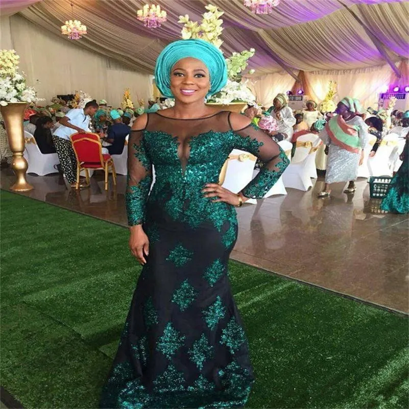 ASO EBI Långärmade kvällsklänningar Sexiga Sheer Neck Lace Appliques Mermaid Prom Klänning Lång Formell Vestidos African Dresses Evening Wear Aw