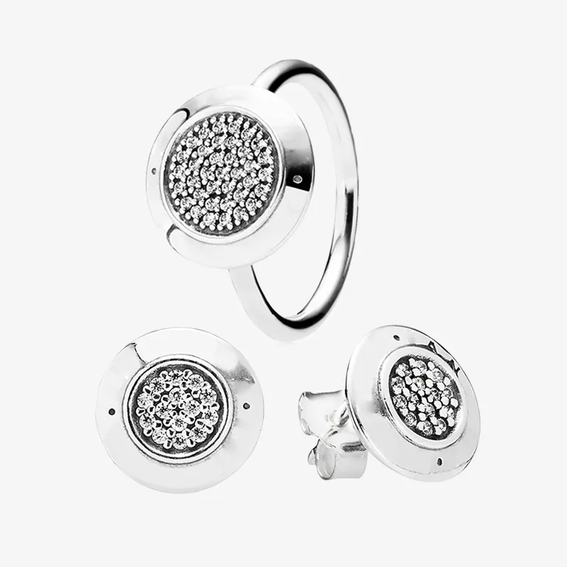 Klasyczny design PIERŚCIEŃ i KOLCZYKI zestaw 925 Sterling Silver Biżuteria dla znak Pandora CZ pierścionki z brylantami stadniny Kolczyki z oryginalnym pudełkiem