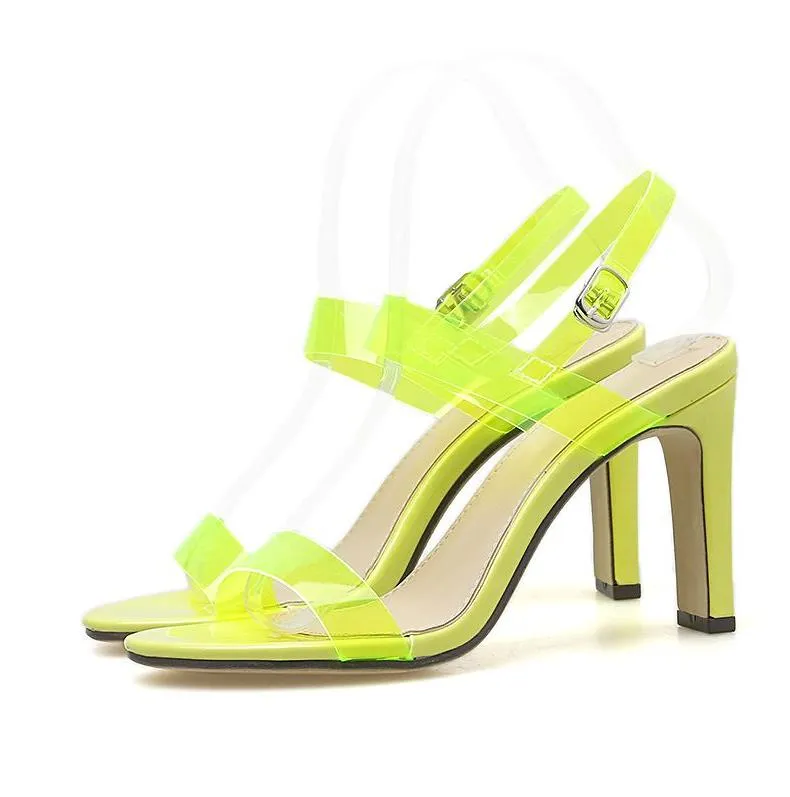 Trendy fluorescent yellow clear PVC transparent high heels designer gladiator sandals size 35 To 40