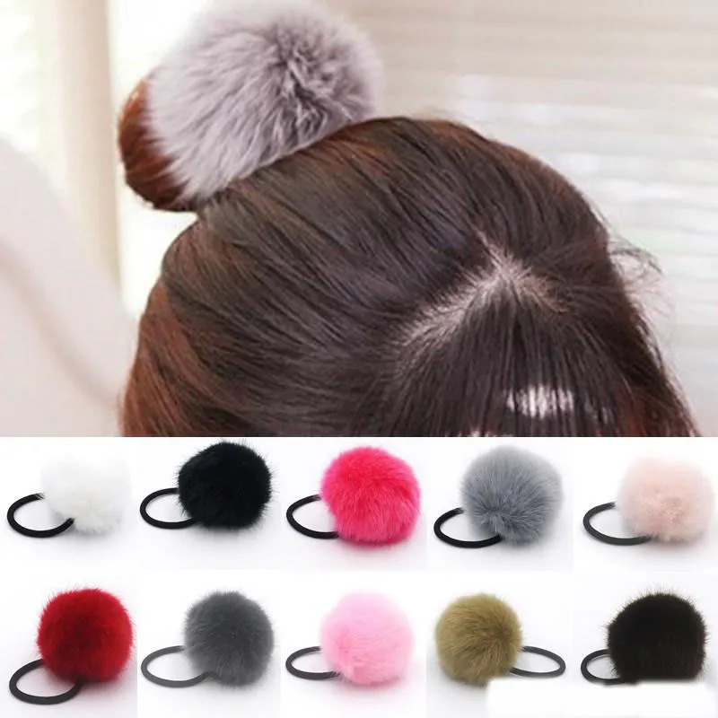 Lady girl Faux Fur Fluffy Ball Pom Pom Scrunchies pompon Elastic Ponytail Holder hair rope hair ties bobbles accessories 100pcs