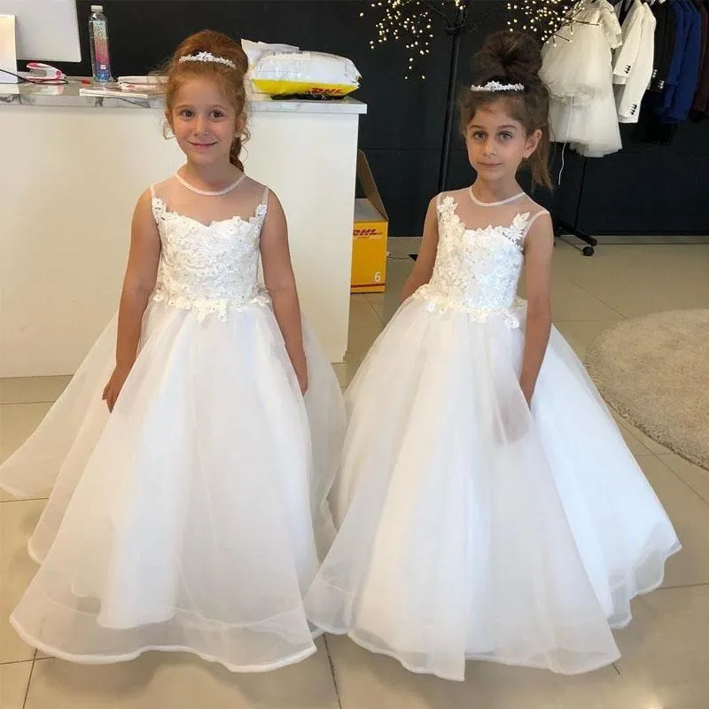 Nowy Amazing Flower Girls Sukienki na Wesela Jewel Neck Sheer Lace Aplikacje Koralik Linia Girls Pageant Dress Tulle Girls Party Suknie