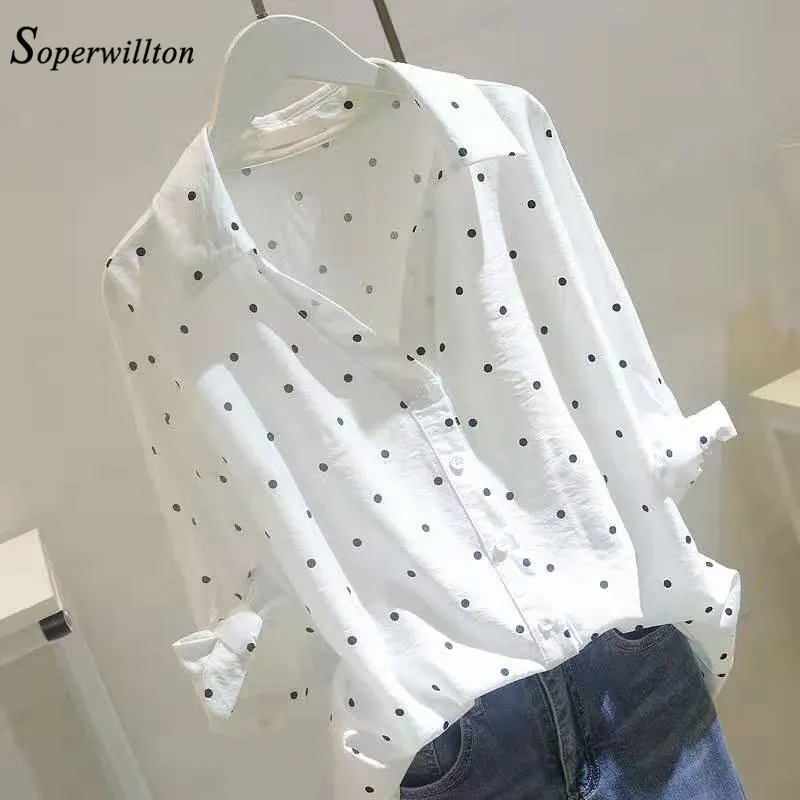 Blusa De Talla Grande Para Mujer Camisas De Algodon De Lino Para Mujer Blusas De Manga Corta Con Botones De Lunares Blancos Y Azules 2019 Para Mujer De 13 01 DHgate