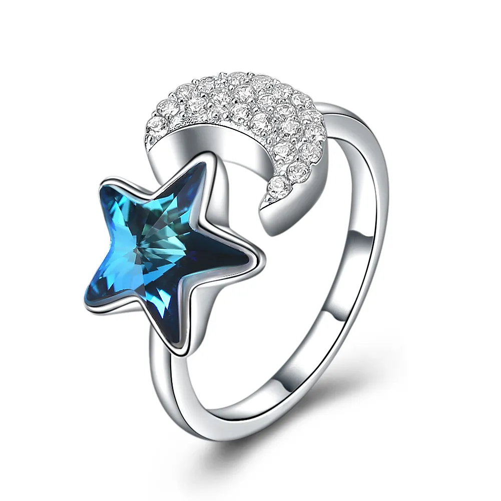 Ajustável Anéis Banda Cristal De Swarovski Elements Moon Star Shaped presentes Dia S925 Sterling Silver Ring moda dos Namorados POTALA278