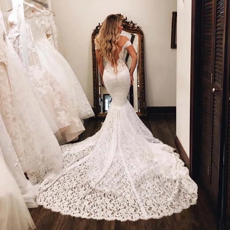 Off Shoulder Wedding Dress Mauuwy Beach Wedding Dress - Off Shoulder Lace  Tulle Gown With Slit & Sweep Train Beach Wedding Dresses