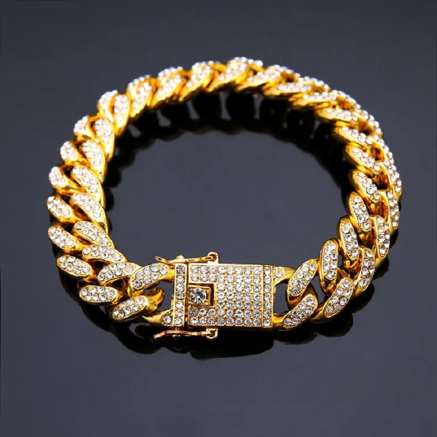 Fashion Mens Bracelets 14k Gold Chain Cuban Link Bracelet Punk Hip Hop Jewelry Silver Rhinestone Double Safety Design Men For Gifts