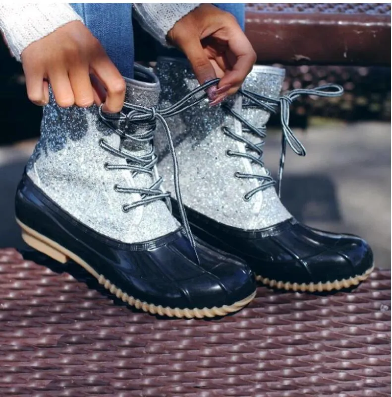 Fashion-New Woman Glitter Slip Duck Boots Unisex Ankle PVC Vuxna Slippa Vattentäta Andningsbara Casual Rainy Days Obehag