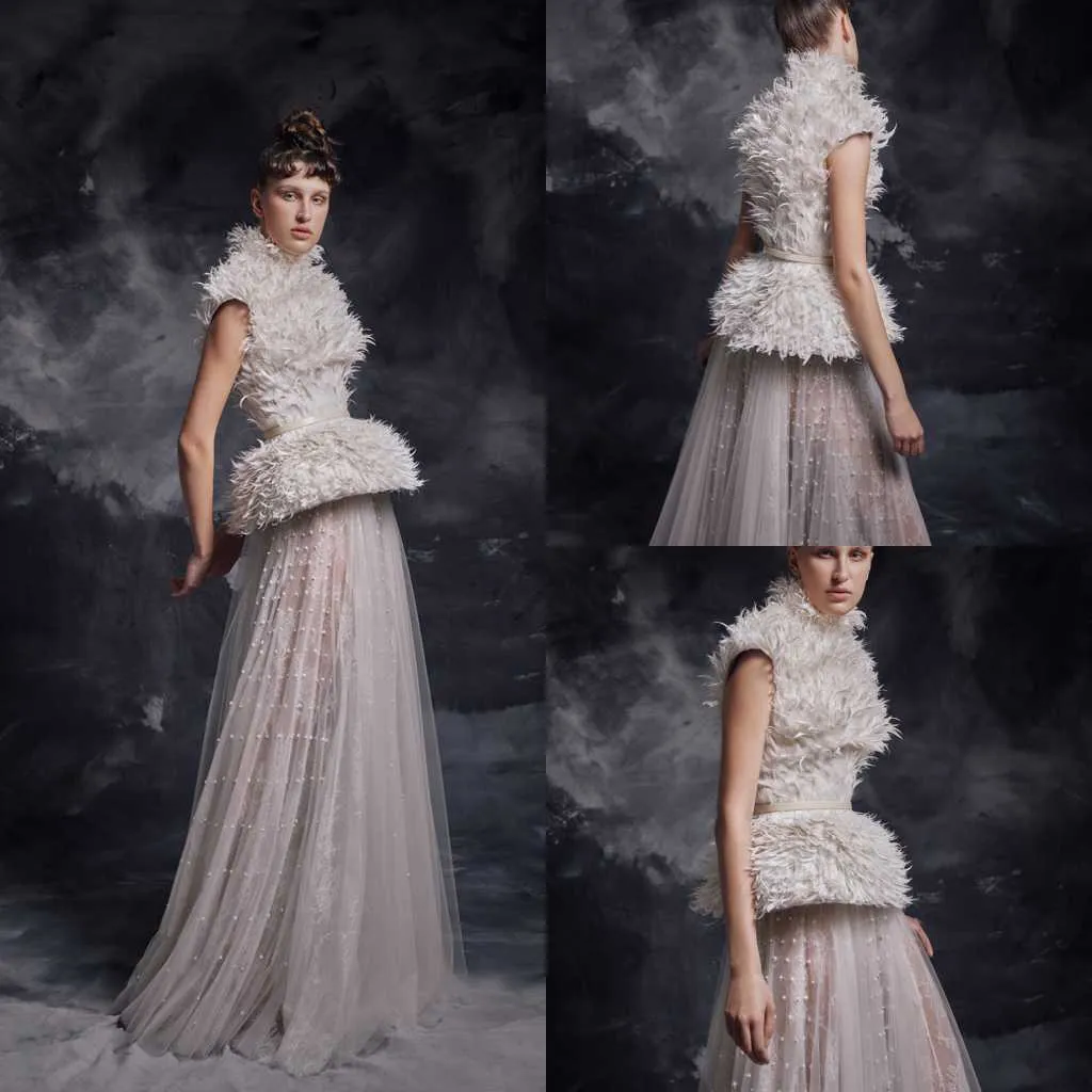 Modest Krikor Jabotian Elegant High Neck Sleeveless A Line Evening Dresses Beaded Feather Pearls Sash Formal Dresses Sweep Train Party Gown