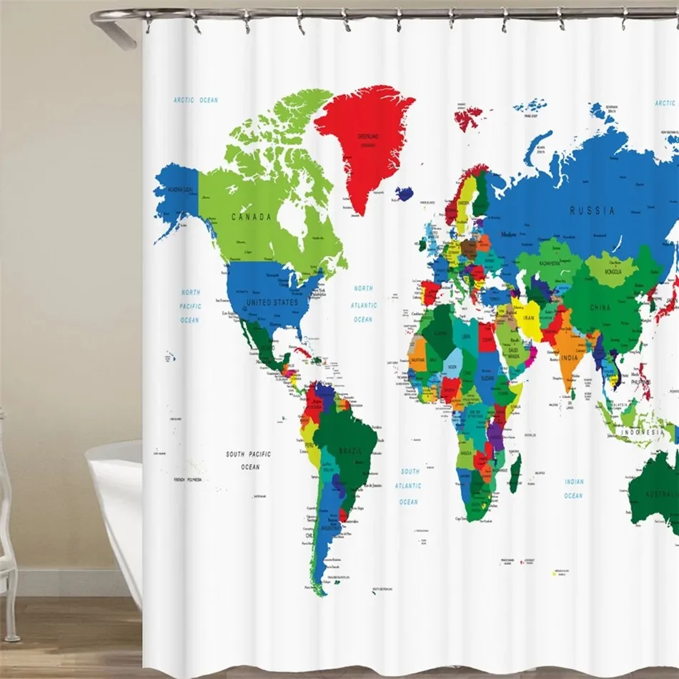 NUOVA tenda da doccia tende oscuranti stampate impermeabili mappa del mondo colorata tende da doccia tende da bagno con stampa digitale 3D con anelli