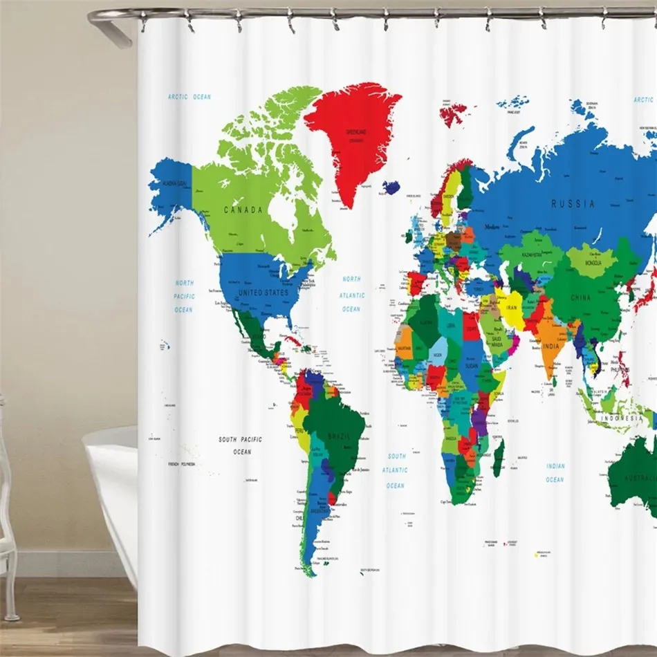 NOUVEAU Rideau De Douche Imprimé Blackout Rideaux Imperméable À L'eau Coloré carte du monde Rideaux De Douche Impression Numérique 3D Rideaux De Salle De Bains Avec Anneaux