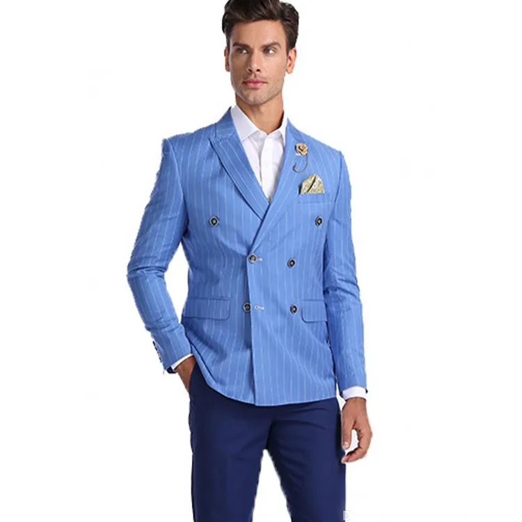 Moda Stripe Azul Noivo Smoking Double Breasted Padrinhos de Casamento Terno Excelentes Homens Formais Blazer Jaqueta de Baile Apenas Uma Peça