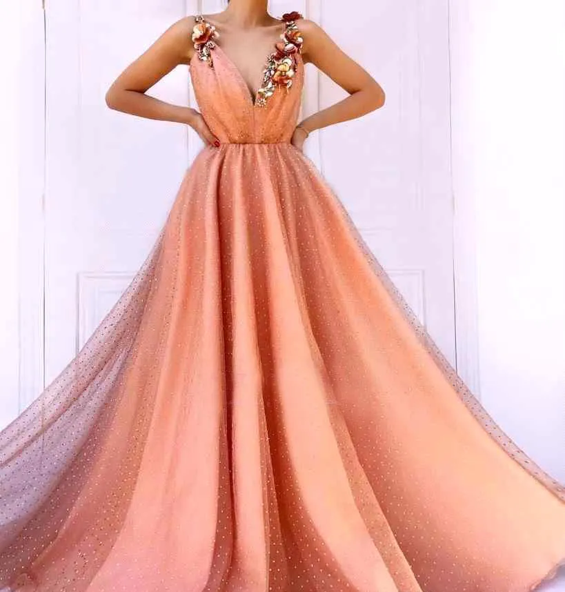 Plus Size Orange A-Line prom dress with V-Neck and Floral Embellishments for Holidays, Graduations, and Evening Parties - 2019 Collection Plus Size Orange A-Line prom dress with V-Neck and Floral Embellishments for Holidays, Graduations, and Evening Parties - 2019 Collection