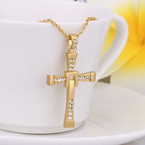 High quality men's cross 18k gold jewelry pendant necklace WGN703,A++ Yellow Gold white gemstone Necklaces with chains