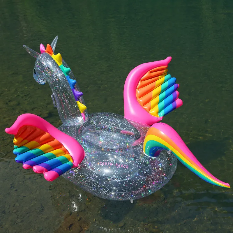 Transparent Regenbogen-Pegasus-Pferde Pool Float Aufblasbare Holographic Glitter Erwachsene Kinder-Wasser-Spaß-Spielzeug-Einhorn Schwimmring 180cm Neu kommen
