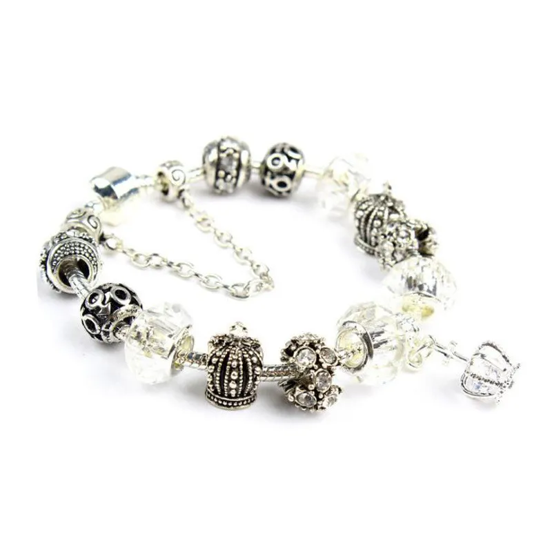 Venta al por mayor-Charm Bracelet 925 Silver Pandora Pulseras para mujeres Royal Crown Bracelet Purple Crystal Beads Diy Jewelry