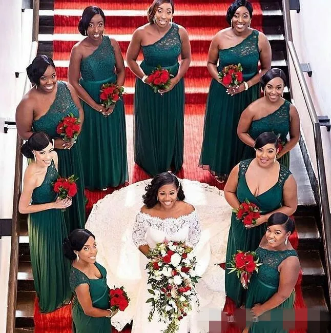 Hunter goedkope groene bruidsmeisje jurken een schouder kanten vloer lengte tule riemen plus size maid of honor jurk op maat gemaakt gemaakt