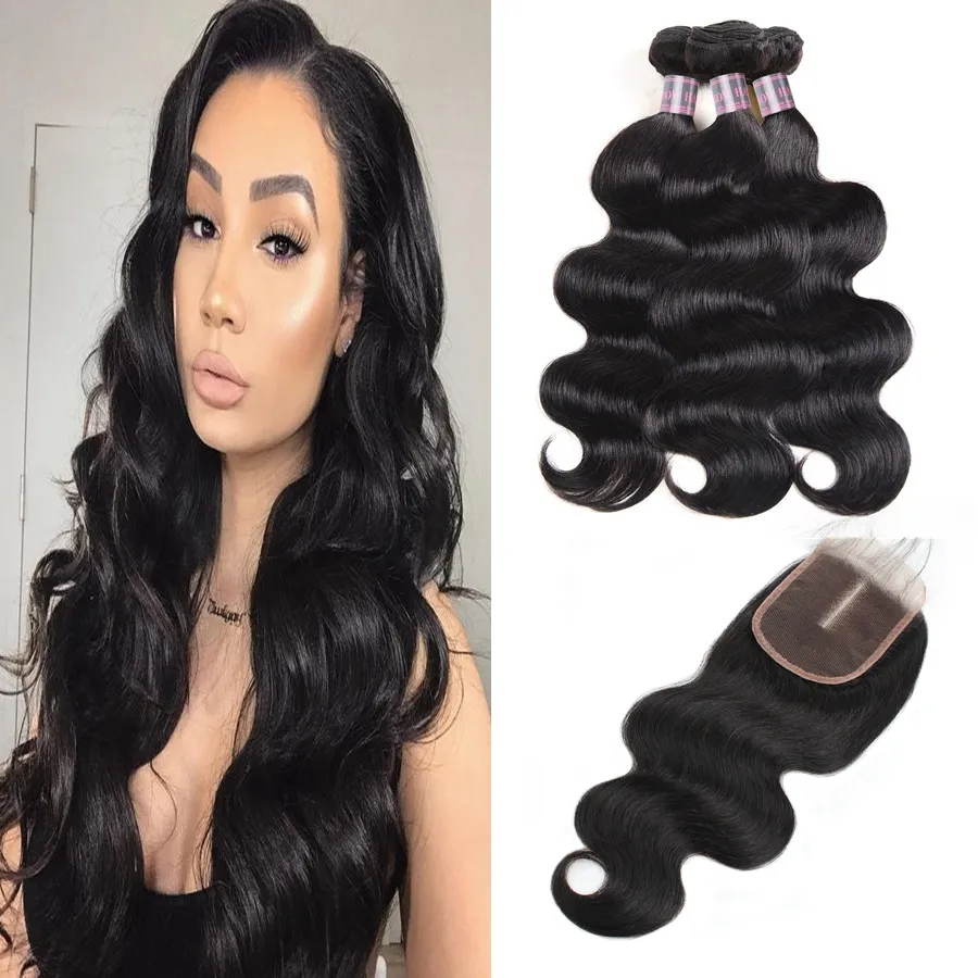 8-28 "Extensions de cheveux vierges bouclés de vague de cheveux vierges 3 / 4pcs de vague profonde avec la fermeture de dentelle Yaki faisceaux de cheveux humains de vague droite d'eau avec la fermeture