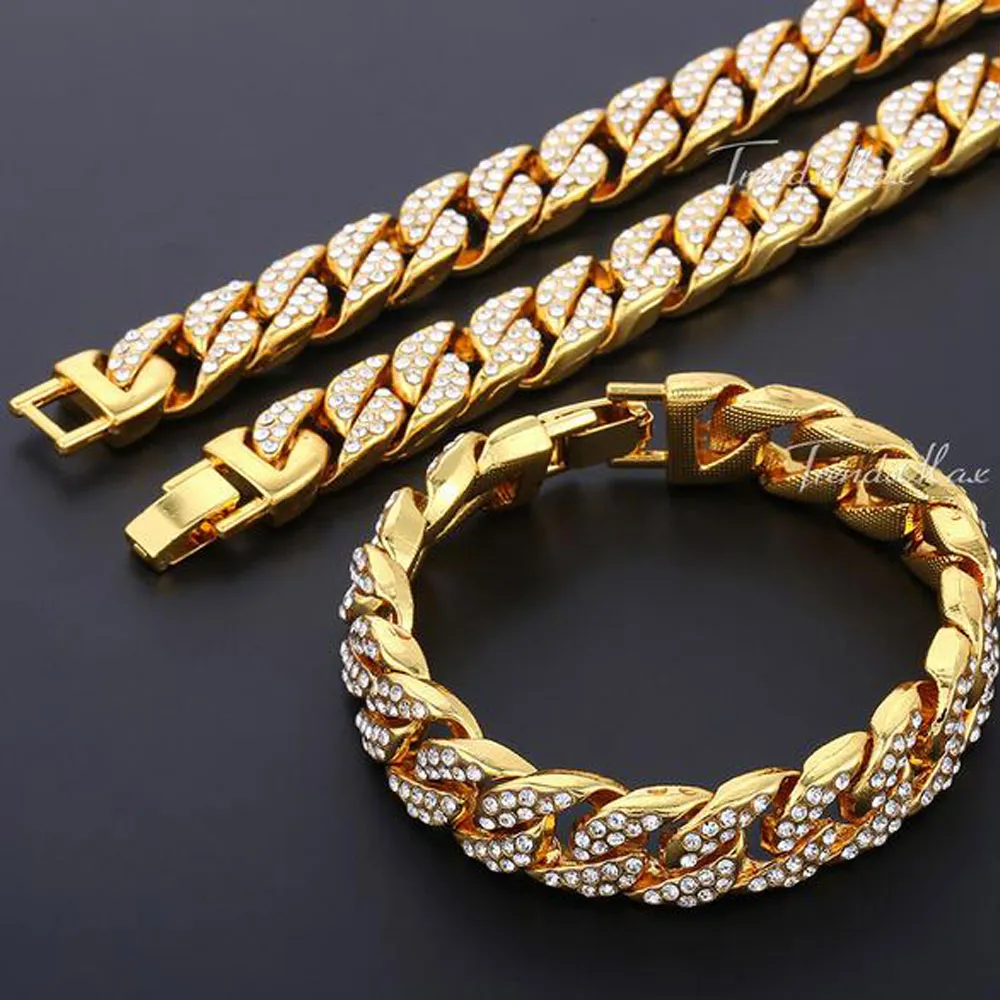 Мужские замороженные цепи хип-хоп ожерелье браслет ювелирных изделий 14 мм ширина полный горный хрусталь Кристалл золото Майами кубинские цепи для мужчин