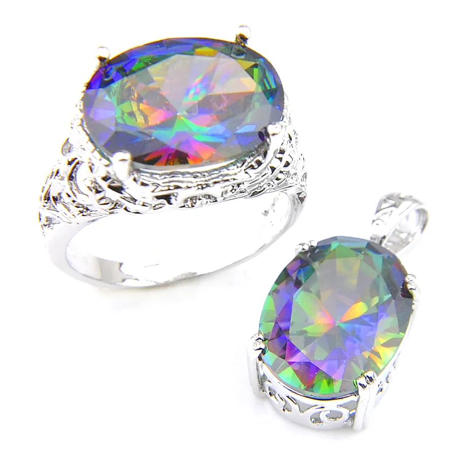 LuckyShine Rings Pendanta Sets Ovale Rainbow Natural Mystic Topaz Gems 925 Sterling Verzilverd voor Dames Zirkoonsets Gratis shippings