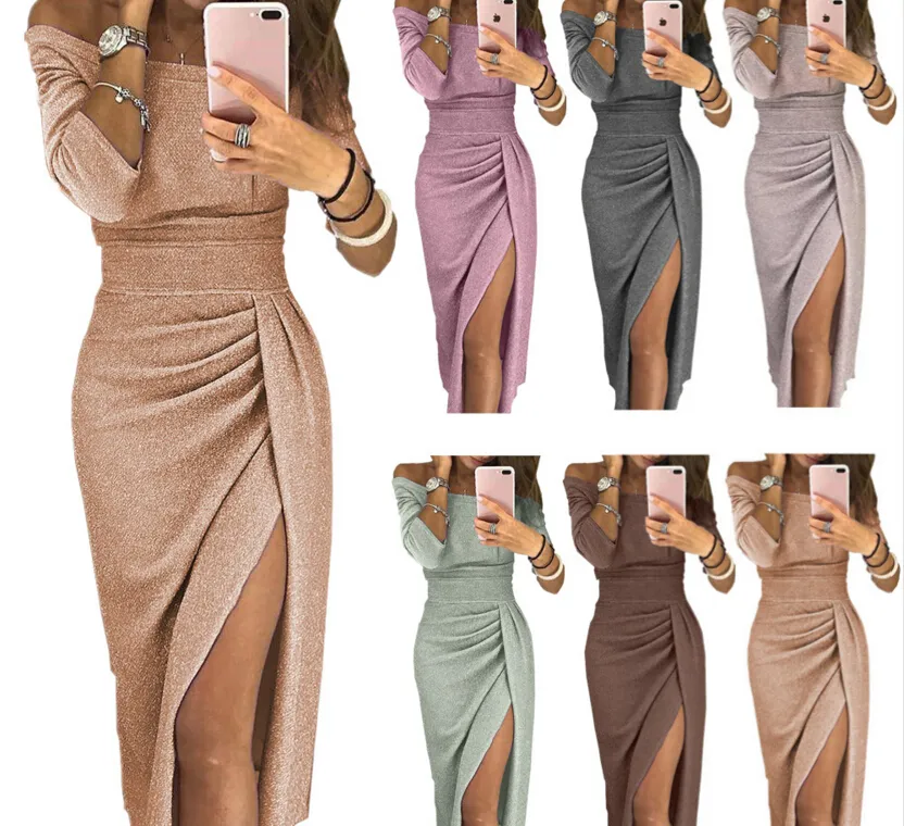 Casual Jurken Winter Jurk Vrouwen Sexy Club Glanzende Slit Push Up Slash Hals Party Formele Lange Zwart Rood Vestidos Vrouw