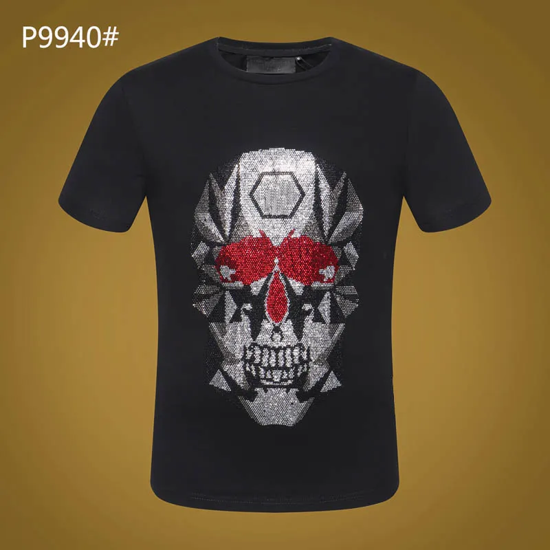 Sommar Mens Märke TSHIRT PP Skull Print Rivet Beads Toppar Mode Designer Tshirt Hög O-Neck Kvalitet Skalle Tees # 6208