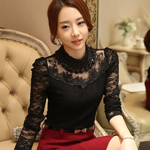 Elegant Long Sleeve Bodysuit Beaded Women Lace Blouse Shirts Crochet Tops  Blusas Mesh Chiffon Blouse Female Clothing From Prettyfaces, $29.03