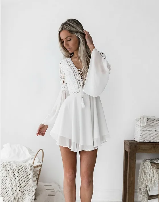 Bohemian Mini Dress Women Fashion Spring Solid White Mini Lace Casual Clothes V-Neck Långärmklänningar