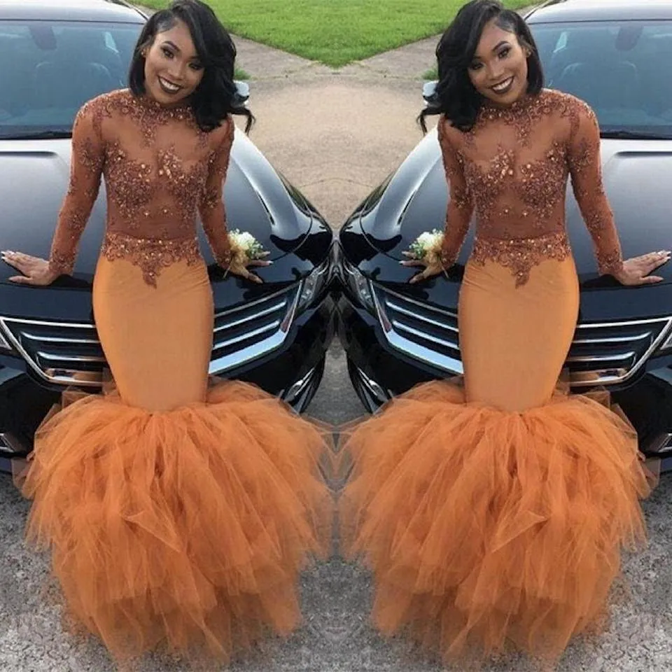 Dust Orange Black Girl Mermaid Prom Dresses Long Sleeves Beaded Halter Neck Plus Size Evening Gowns Sequined Floor Length Tulle Formal Dress 407