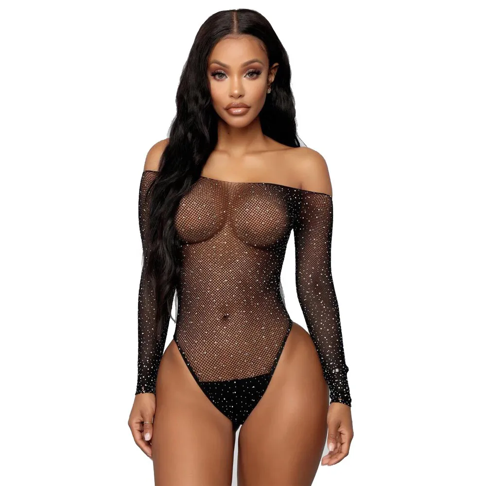 Kvinnor Sexiga Underkläder Pyjamas Se genom Mesh Sparkle Rhinestone Teddy Fishnet Långärmad Lady One Piece Bodysuit