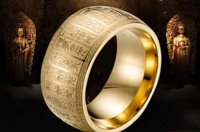 Buddha Seal Body Gold Light Charm Ring Man och Kvinna Brett Titan Stål Amulet Ring Fashion Personality Domineer Ring Gift 7--12