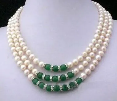 3Rows 7-8 mm White Akoya Pearl Emerald Naszyjnik 17-19 ''