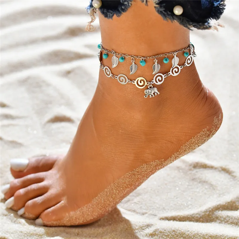 Leaf Weave Multilayer Anklet Chains Shell Elephant Mermaid Anklets Foot Armband Summer Beach Women Fashion Jewelry 750