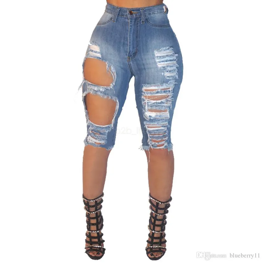 Lady Yırtık Sıska Kısa Kot Kadınlar Yüksek Beledisi Seksi Delik Slim Fit Denim Şort Ince Denim Düz Biker Skinny Jeans Ljja2611