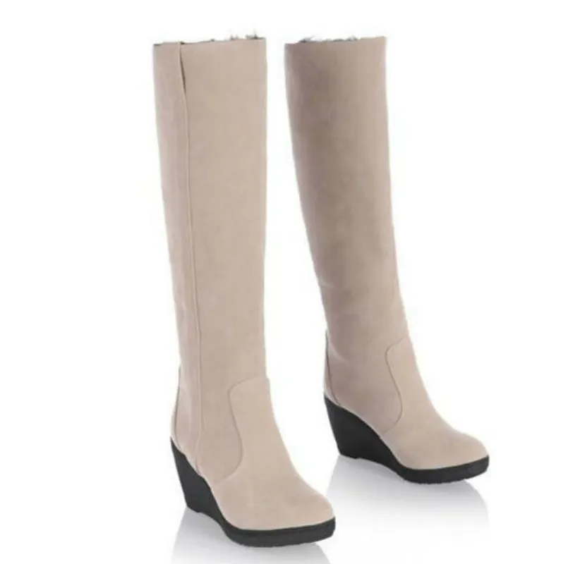 Venta caliente-Mujeres Botas de nieve cálidas Zapatos de invierno Cuñas Tacones altos plegables Dibujar Botas térmicas de invierno Rodilla femenina