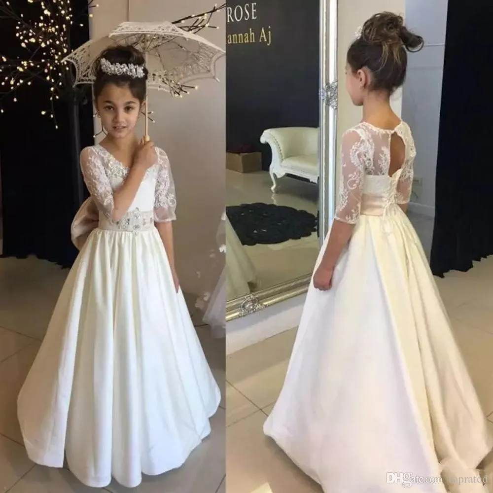 White Sexy A Line Flower Girl Dresses for Weddings Scoop Neck Half Sleeve Little Girls Pageant Dress Holy Communion Gowns Custom Made s