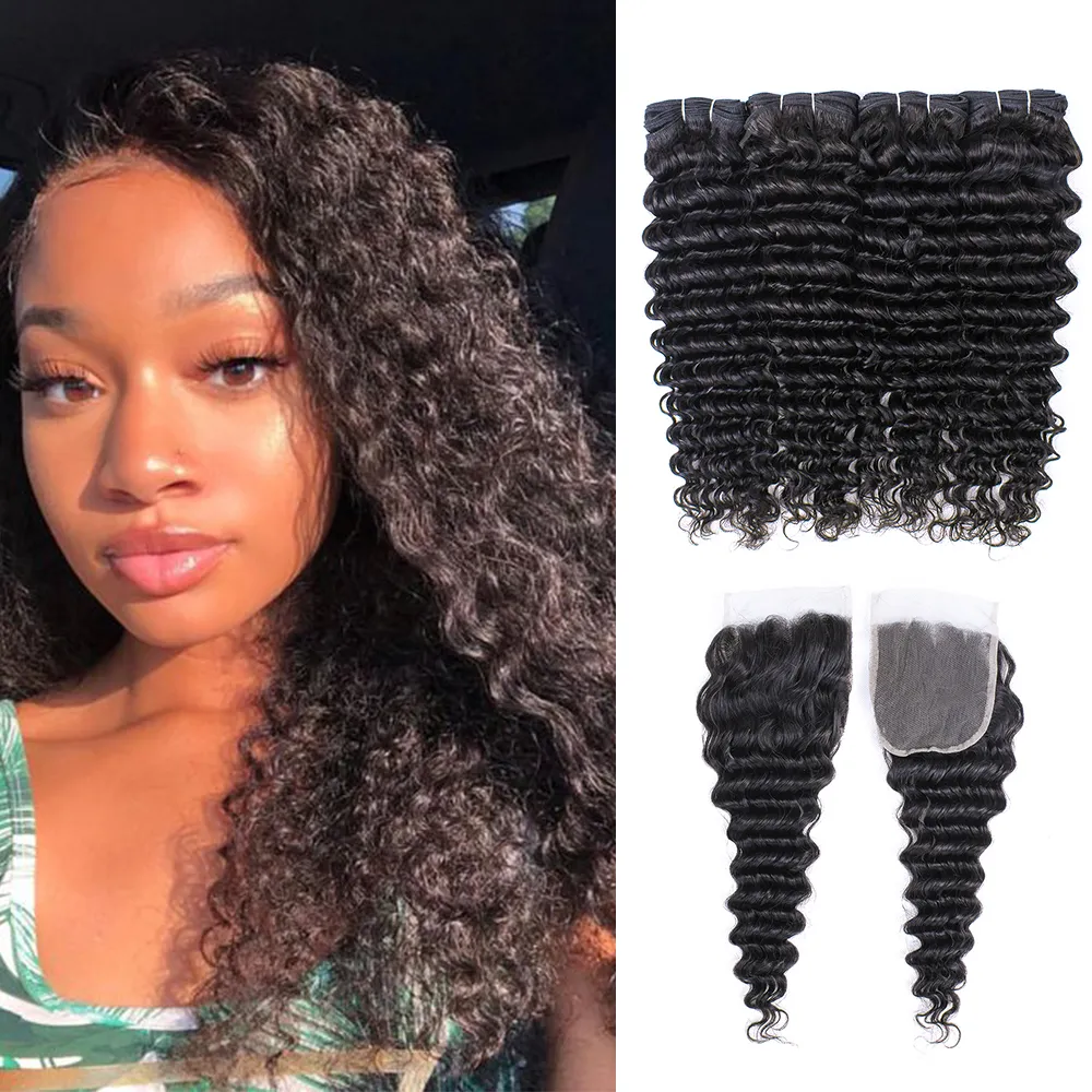 Braziliaanse diepe golf haarbundels met sluitingen Natuurlijke kleur 4 bundels met 4x4 kanten sluiting 10-28 inch 100% Remy Menselijk Hair Extensions