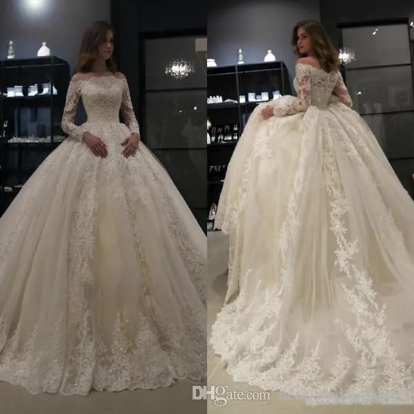 Ballkleid-Brautkleider mit Spitze, schulterfrei, Applikation, bodenlang, lange Ärmel, Sweep-Zug, rückenfrei, Brautkleid in Übergröße, Brautkleider