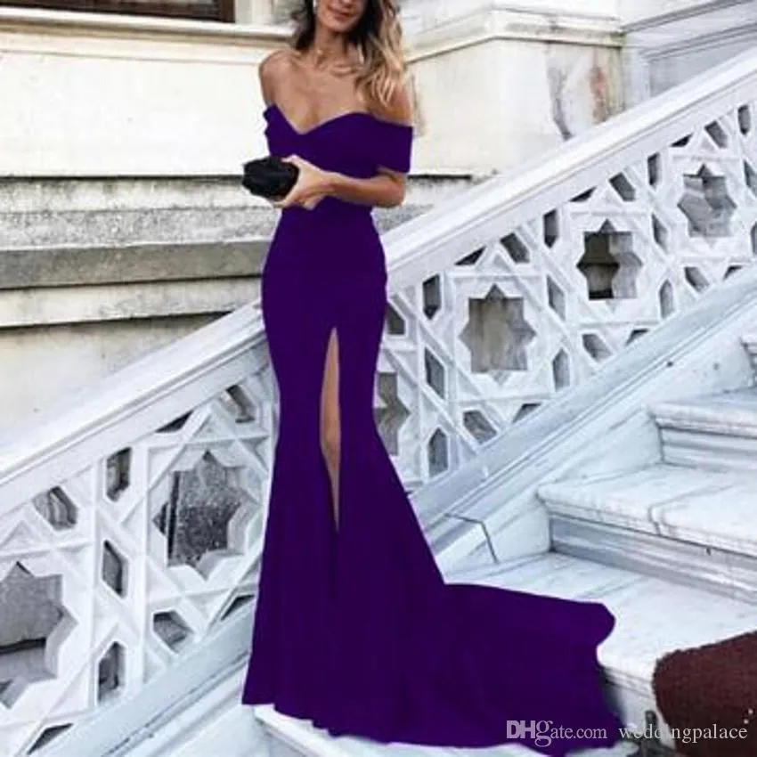 Sexy Leg Slit Long Mermaid Evening Dresses Off Shoulder Prom Gowns