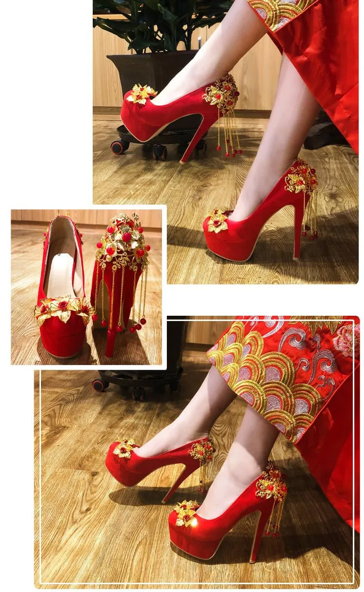 Plus size 33 34 to 40 41 42 Red Gold Flower Chain Wedding Shoes Luxury High Heels Women Designer Shoes