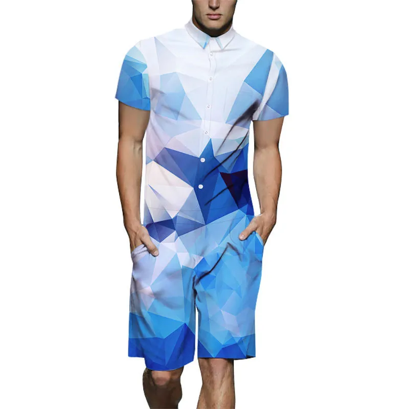 Sommar mens ny design romper 3d blå vit gradient gitter print playsuit manlig kortärmad strand set casual jumpsuit US storlek