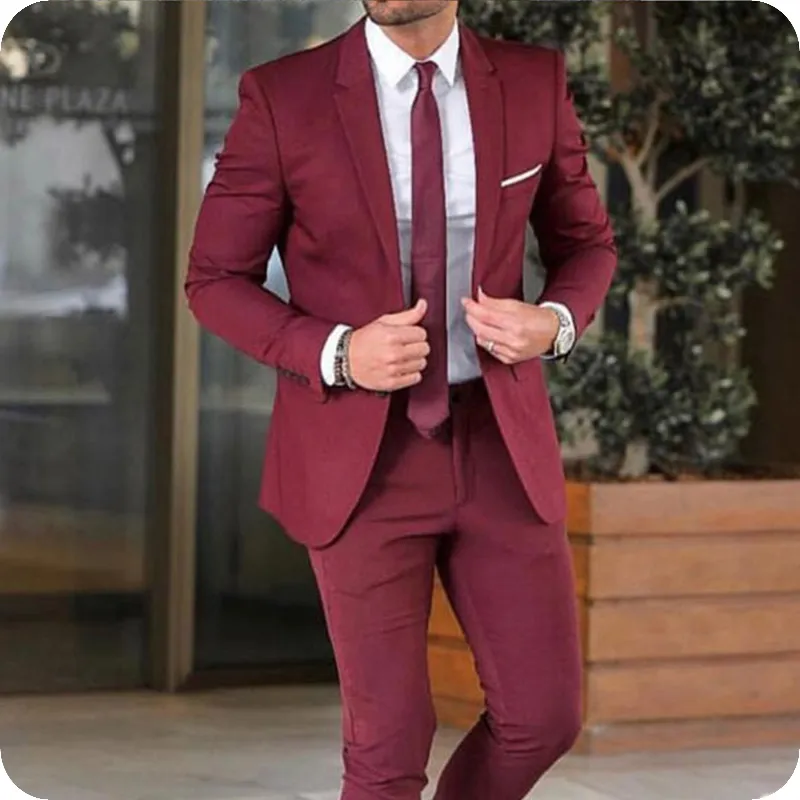 Casual Business Burgundy Män Passar för Bröllop Män Passar Blazer Groom Tuxedos Groom Wear Suits 2piece Coat Pants Slim Fit Terno Masculino